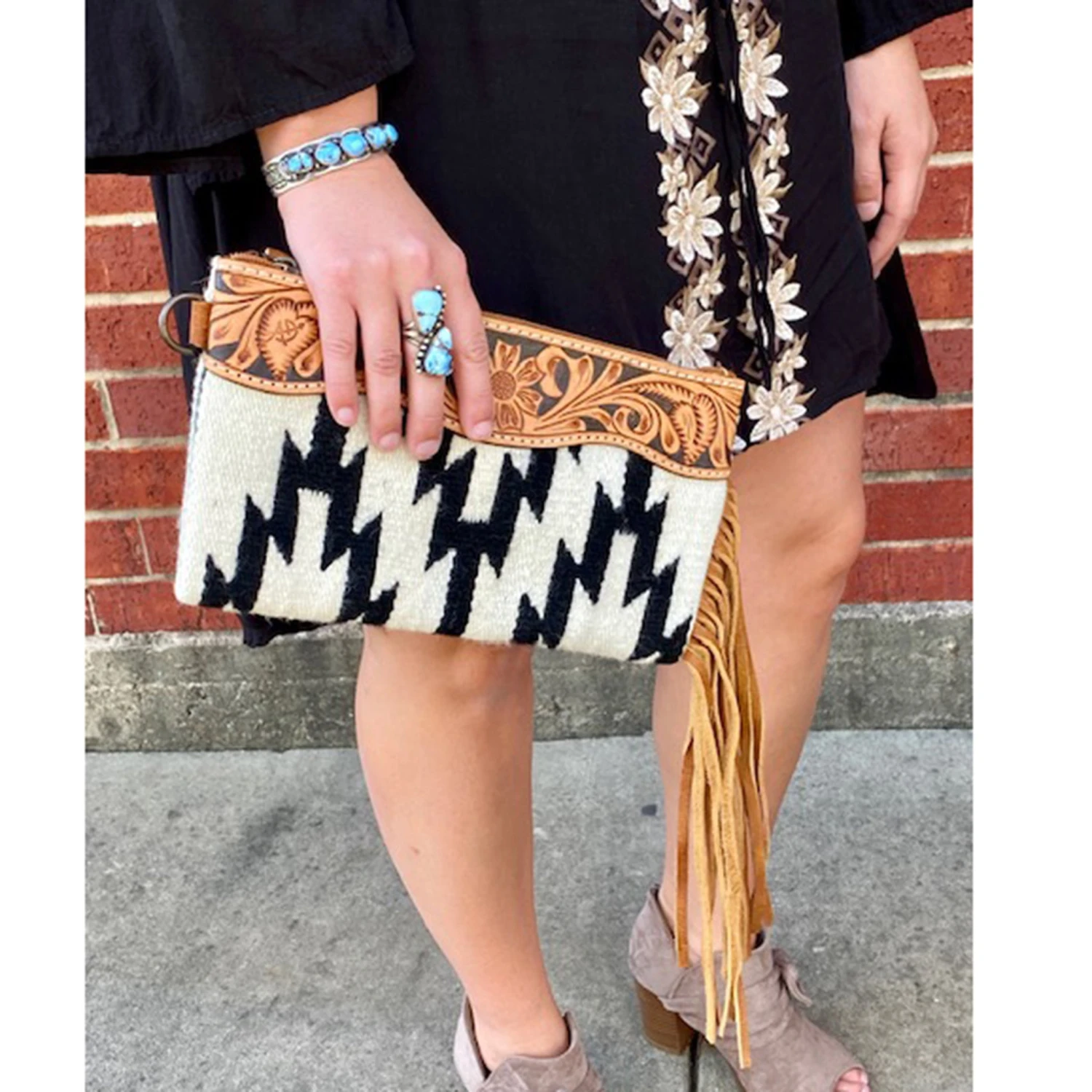 American Darling Black & White Aztec Tooled Clutch 1 American Darling Black & White Aztec Tooled Clutch